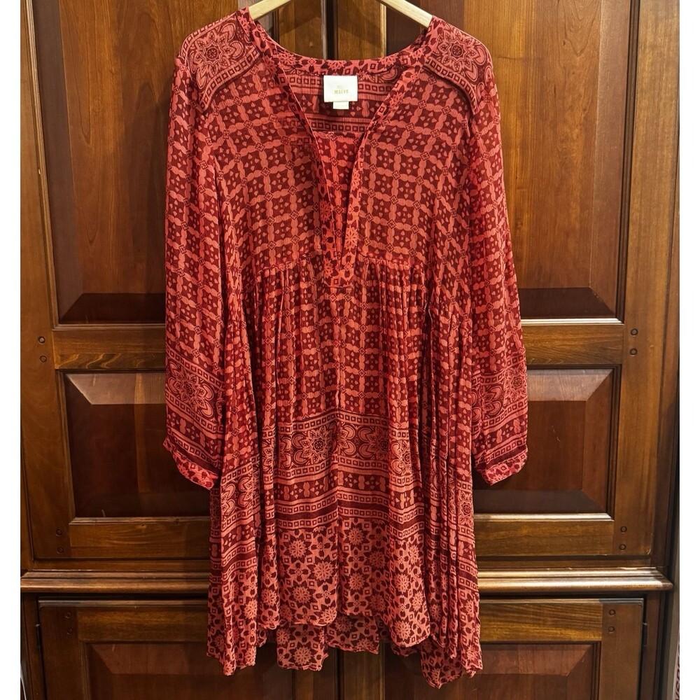Anthropologie Maeve Canna Red Boho Swing Tunic Sheer Dress No Slip Sz 12 / L